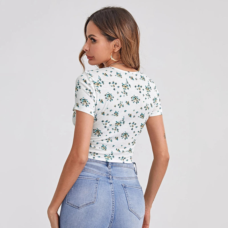 Floral Short Sleeve Drawstring Top XS / White - ENCHANTE VOGUE