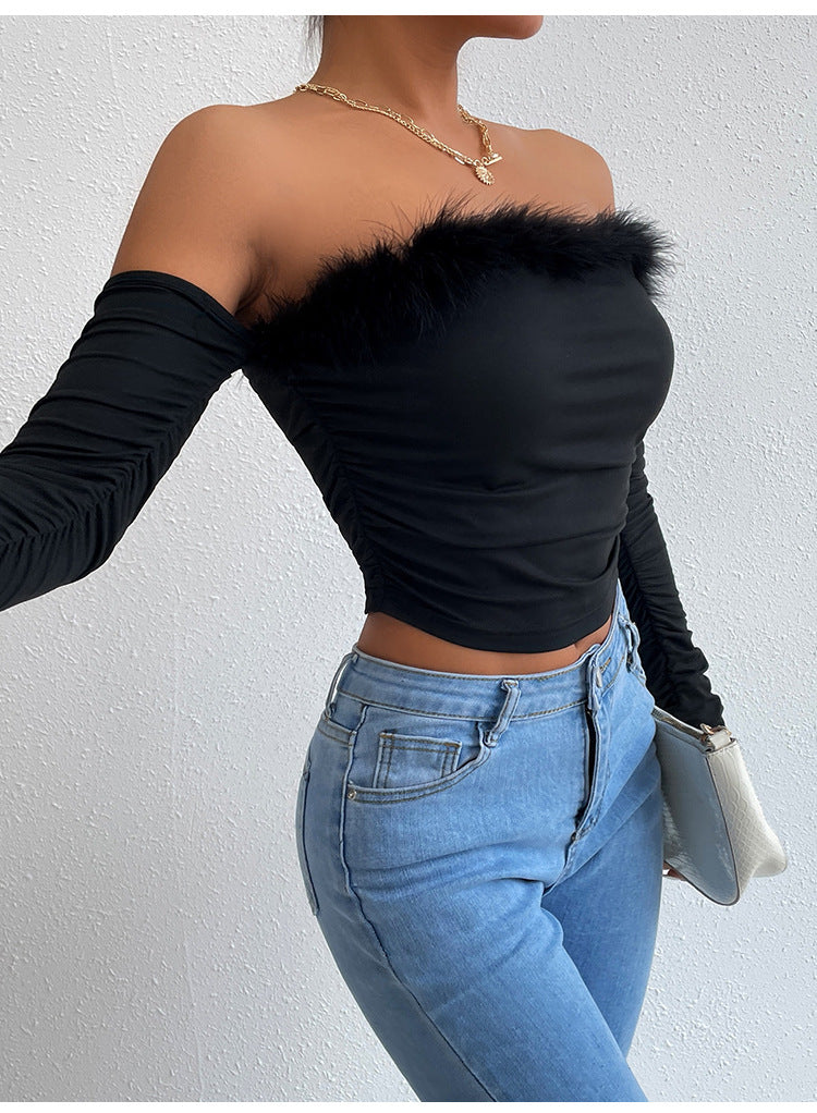 Retro Fur Collar Tube Off-Neck Off-Shoulder Top XS / Black - ENCHANTE VOGUE