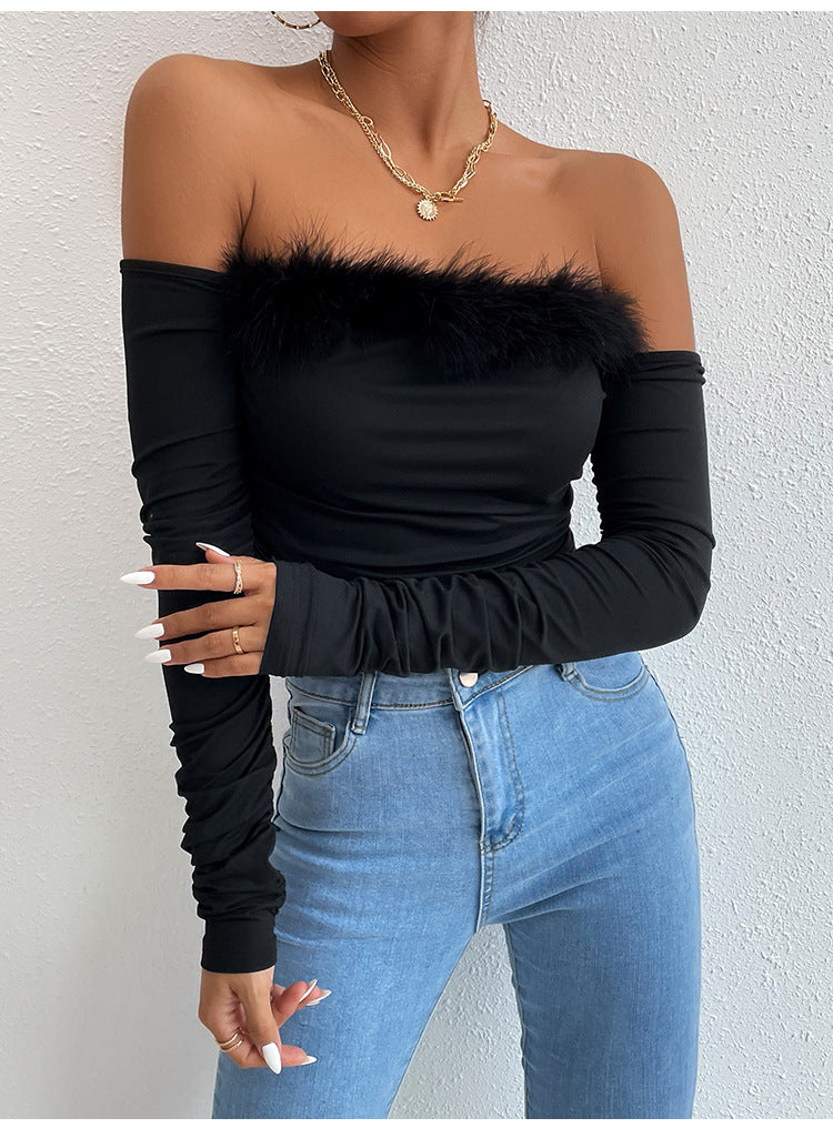 Retro Fur Collar Tube Off-Neck Off-Shoulder Top XS / Black - ENCHANTE VOGUE