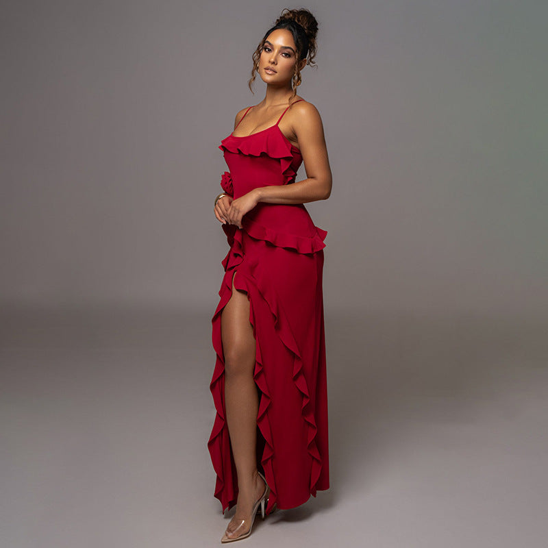 Sexy Slit Splicing Sling Maxi Dress S / Red - ENCHANTE VOGUE