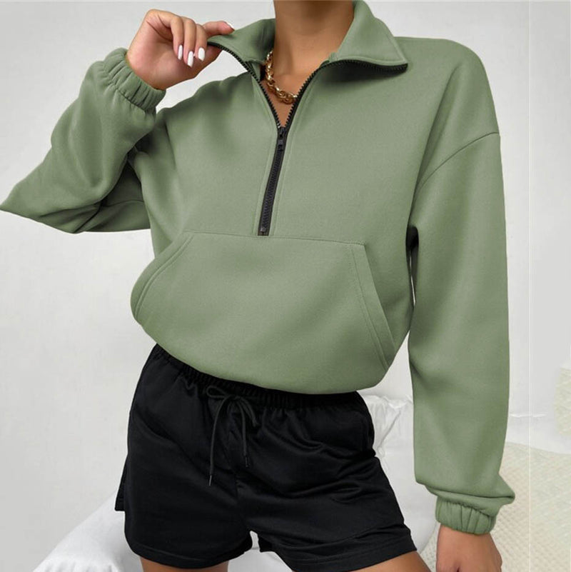 Loose Zip Collar Long Sleeve Sweatshirt S / Khaki - ENCHANTE VOGUE