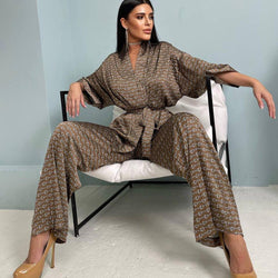 Satin Lace Printed Loose Loungewear Set S / Brown - ENCHANTE VOGUE