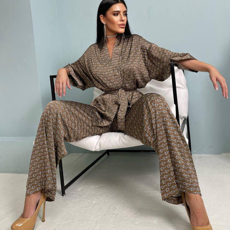 Satin Lace Printed Loose Loungewear Set S / Brown - ENCHANTE VOGUE