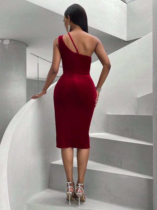 Velvet Slim Fit One Shoulder Hip Midi Dress S / Burgundy - ENCHANTE VOGUE