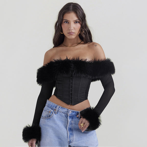 Fur Collar Off Shoulder Boning Corset Long Sleeve Top XS / Black - ENCHANTE VOGUE