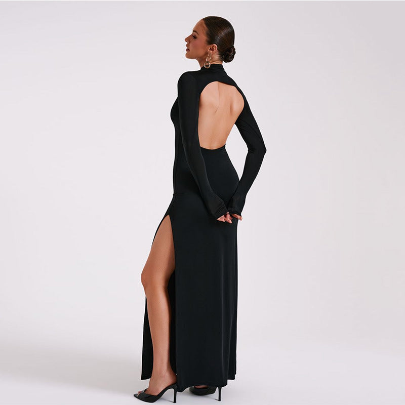 Long Sleeve High Neck Backless Slit Maxi Dress S / Black - ENCHANTE VOGUE