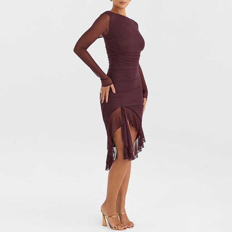 Mesh Stitched Backless Sheath Midi Dress S / Burgundy - ENCHANTE VOGUE