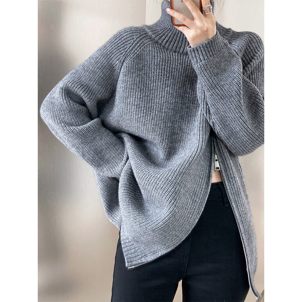 Oblique Zipper Turtleneck Sweaters One Size / Gray - ENCHANTE VOGUE