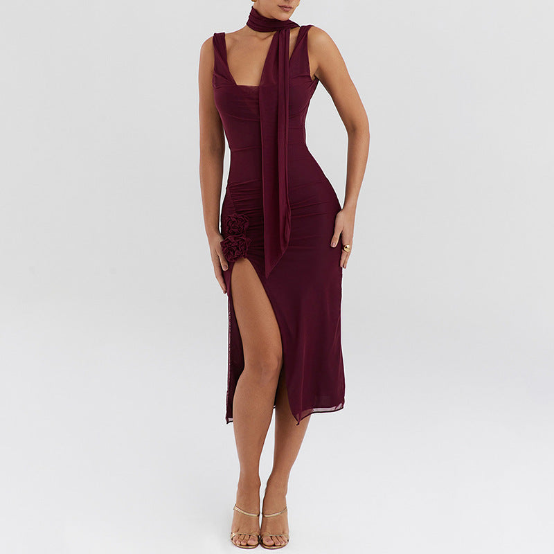 Mesh Stitching Swing Collar Sleeveless Split Midi Dress S / Burgundy - ENCHANTE VOGUE