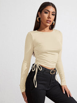 Long Sleeve Drawstring Slim Casual Top S / Brown Yellow - ENCHANTE VOGUE