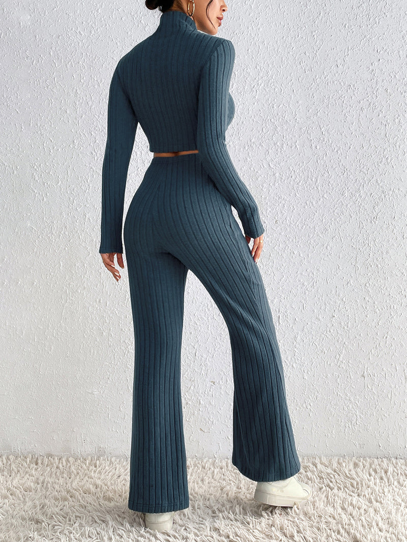 Knitted Long Sleeve Turtleneck Wide Leg Trousers Set M / Blue - ENCHANTE VOGUE