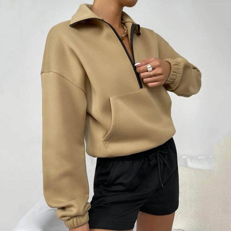 Loose Zip Collar Long Sleeve Sweatshirt S / Khaki - ENCHANTE VOGUE