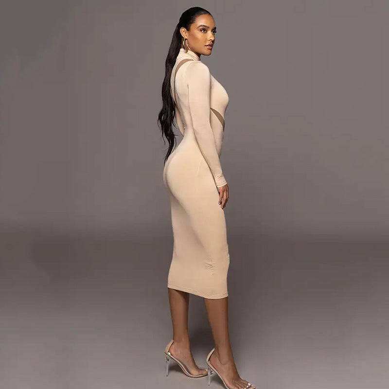 Round Neck Long Sleeve Stitching Midi Dress S / Khaki - ENCHANTE VOGUE