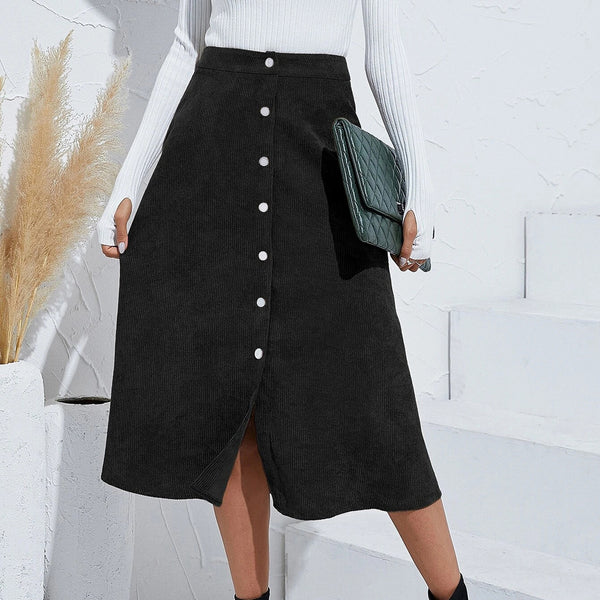 Corduroy Single Breasted High Waist Skirt S / Black - ENCHANTE VOGUE