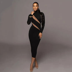 Round Neck Long Sleeve Stitching Midi Dress S / Black - ENCHANTE VOGUE