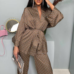 Satin Lace Printed Loose Loungewear Set S / Brown - ENCHANTE VOGUE