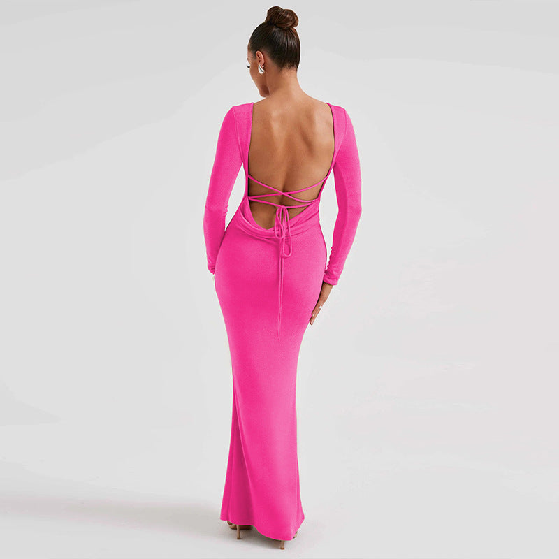 Sexy Backless Lace-Up Long Sleeve Elegant Maxi Dress