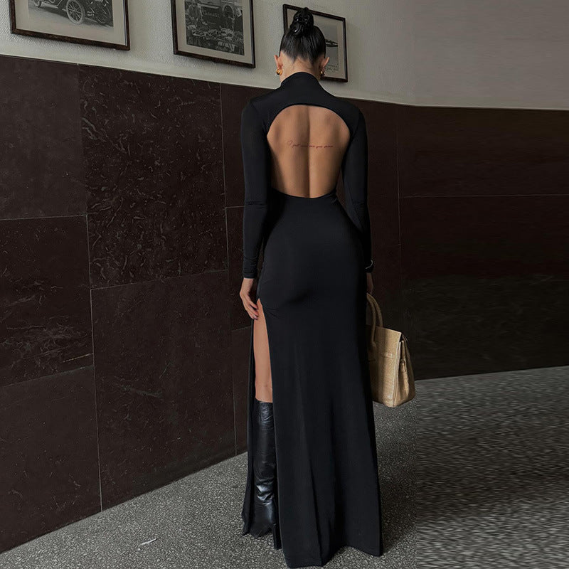 Long Sleeve High Neck Backless Slit Maxi Dress S / Black - ENCHANTE VOGUE