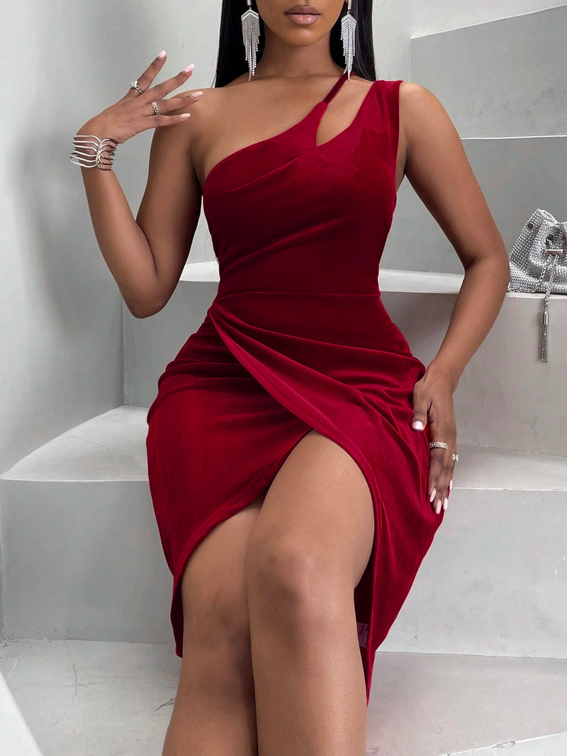 Velvet Slim Fit One Shoulder Hip Midi Dress S / Burgundy - ENCHANTE VOGUE