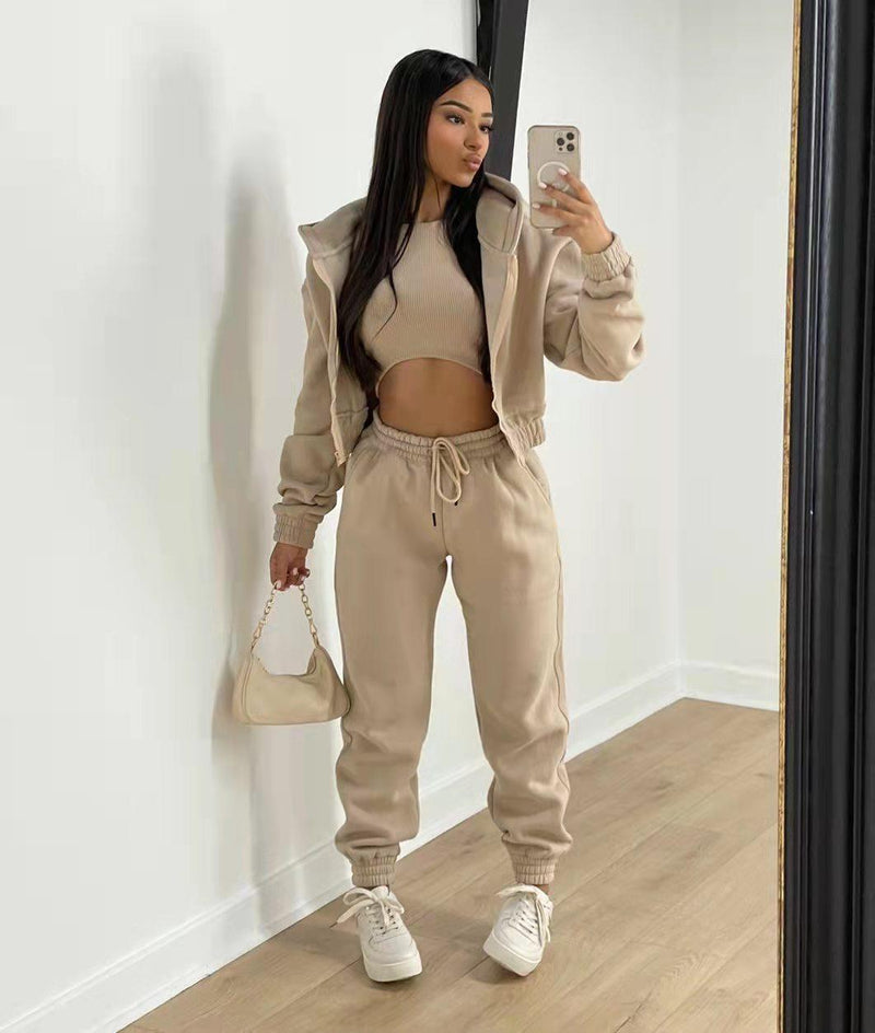 Hoodie Sweatshirt Long Sleeved Casual Three Piece Set S / Khaki - ENCHANTE VOGUE