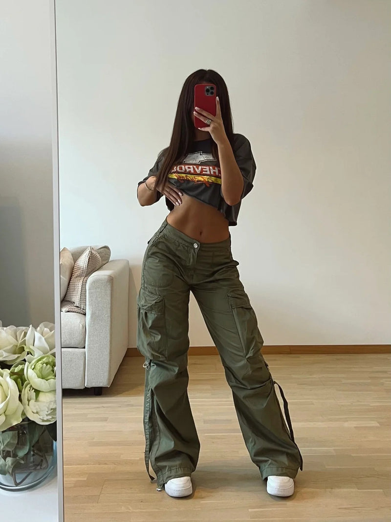 High Waist Multi Pocket Stitching Ribbon Loose Cargo Trousers S / Light Gray - ENCHANTE VOGUE