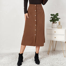 Corduroy Single Breasted High Waist Skirt S / Brown - ENCHANTE VOGUE