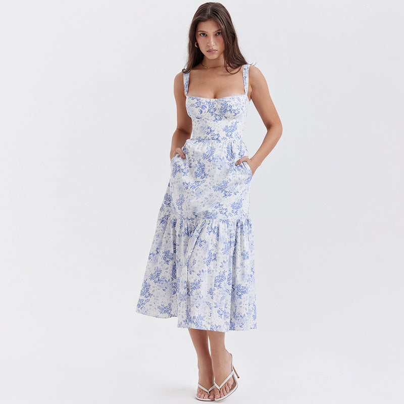 Floral Sleeveless Strap Midi Dress XS / Blue - ENCHANTE VOGUE