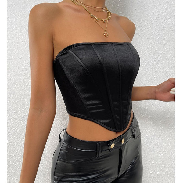 Glossy Diamond Cropped Backless Boning Corset Vest Top XS / Black - ENCHANTE VOGUE