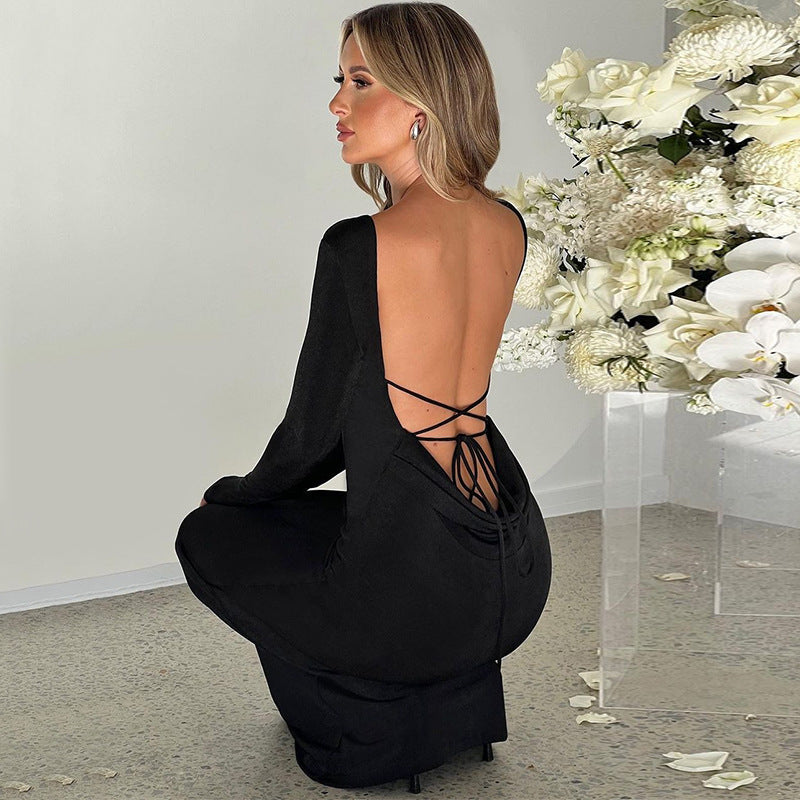 Sexy Backless Lace-Up Long Sleeve Elegant Maxi Dress S / Black - ENCHANTE VOGUE