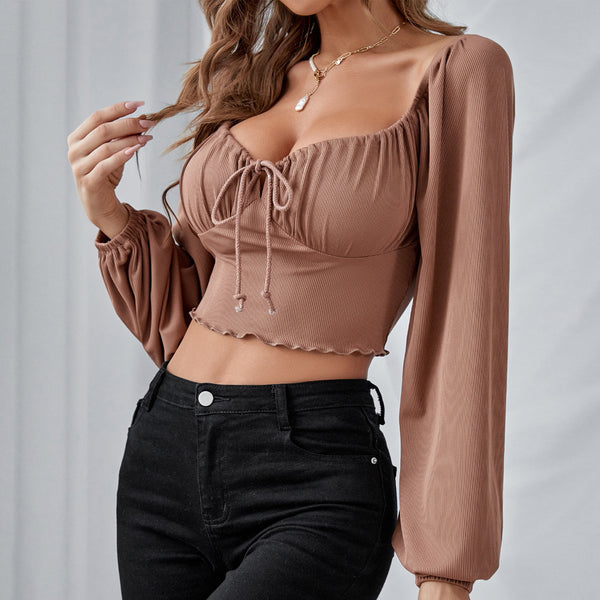 Slim-Fit Cropped Lantern Drawstring Knitted Long-Sleeved Top S / Brown - ENCHANTE VOGUE