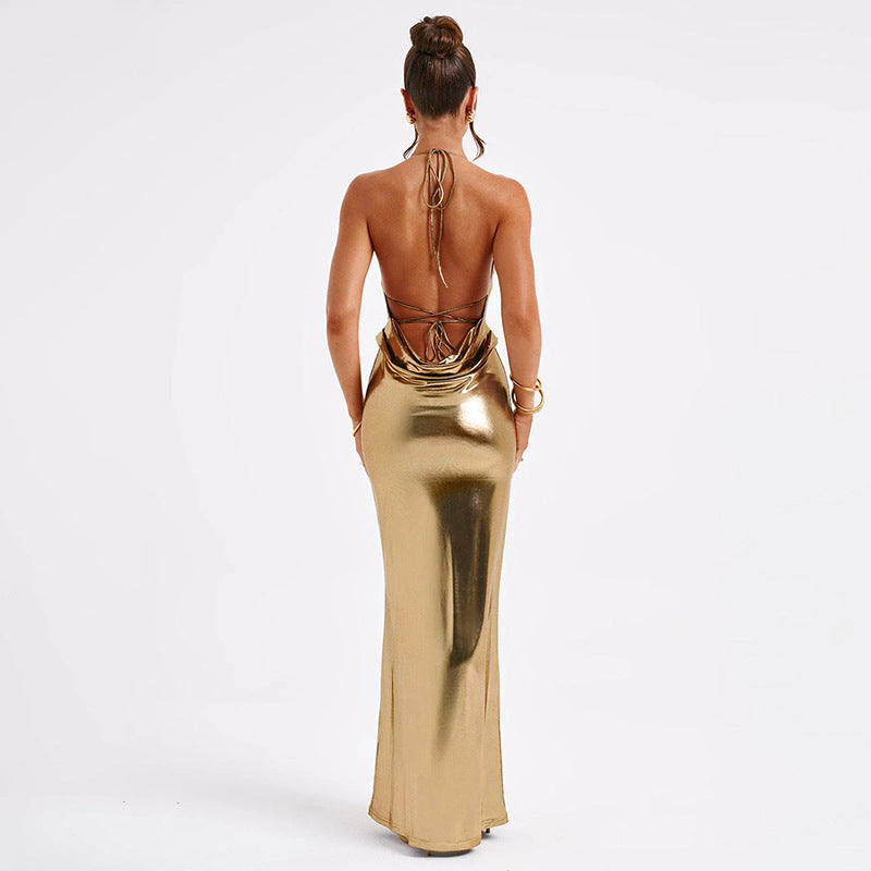 Sexy Halter Backless Sheath Maxi Dress S / Gold - ENCHANTE VOGUE