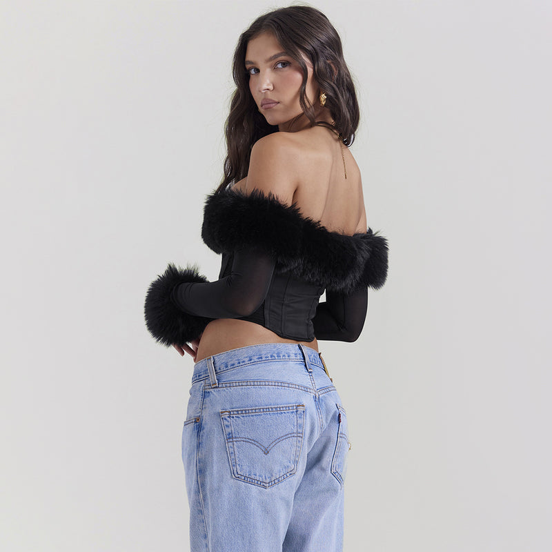 Fur Collar Off Shoulder Boning Corset Long Sleeve Top XS / Black - ENCHANTE VOGUE