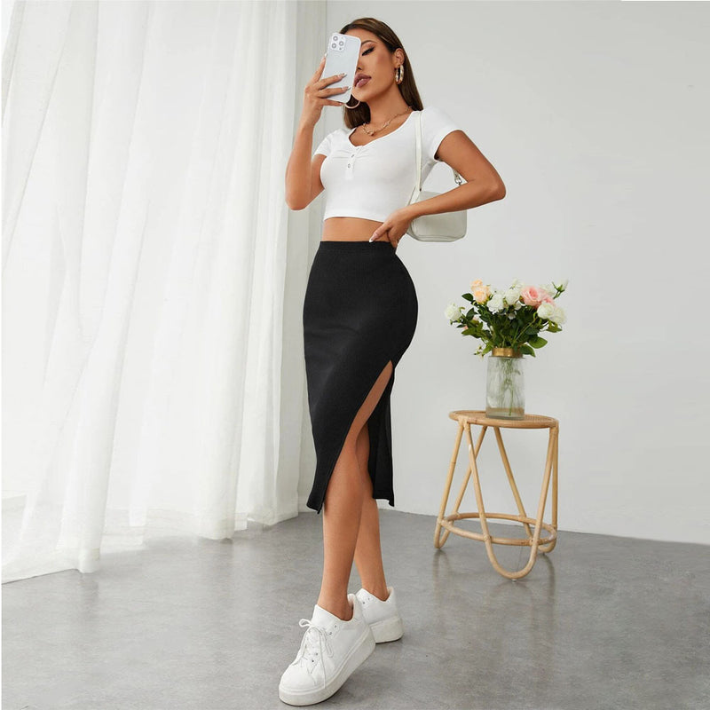 Elastic Waist Bag Hip Slit Skirt S / Black - ENCHANTE VOGUE