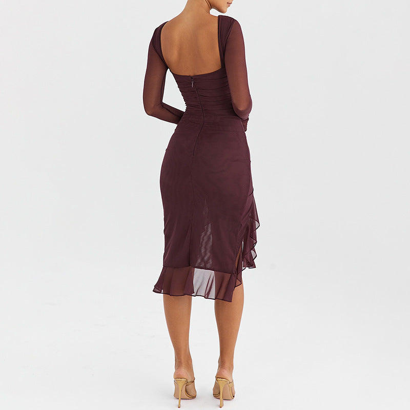 Mesh Stitched Backless Sheath Midi Dress S / Burgundy - ENCHANTE VOGUE