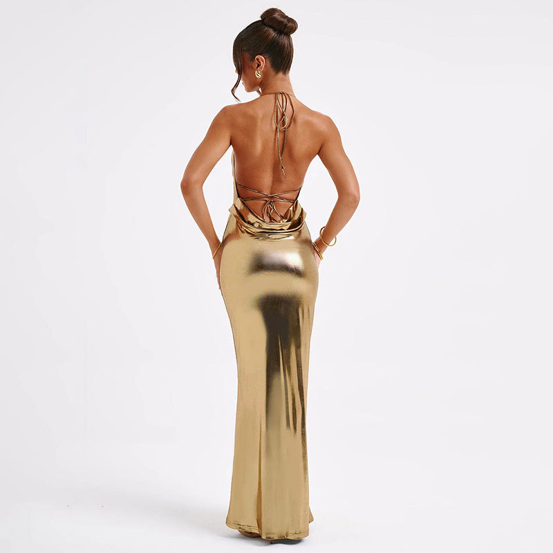 Sexy Halter Backless Sheath Maxi Dress S / Gold - ENCHANTE VOGUE