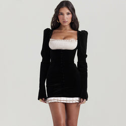 Long Sleeve Square Neck Pleuche Slim Fit Mini Dress XS / Black - ENCHANTE VOGUE