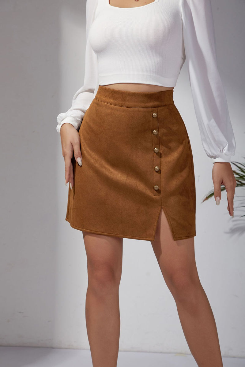 Suede High Waist Metal Buckle Hip Skirt S / Khaki - ENCHANTE VOGUE