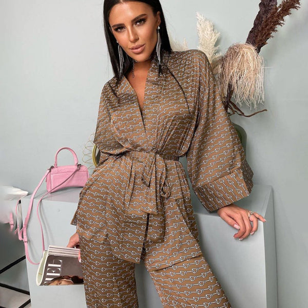 Satin Lace Printed Loose Loungewear Set S / Brown - ENCHANTE VOGUE