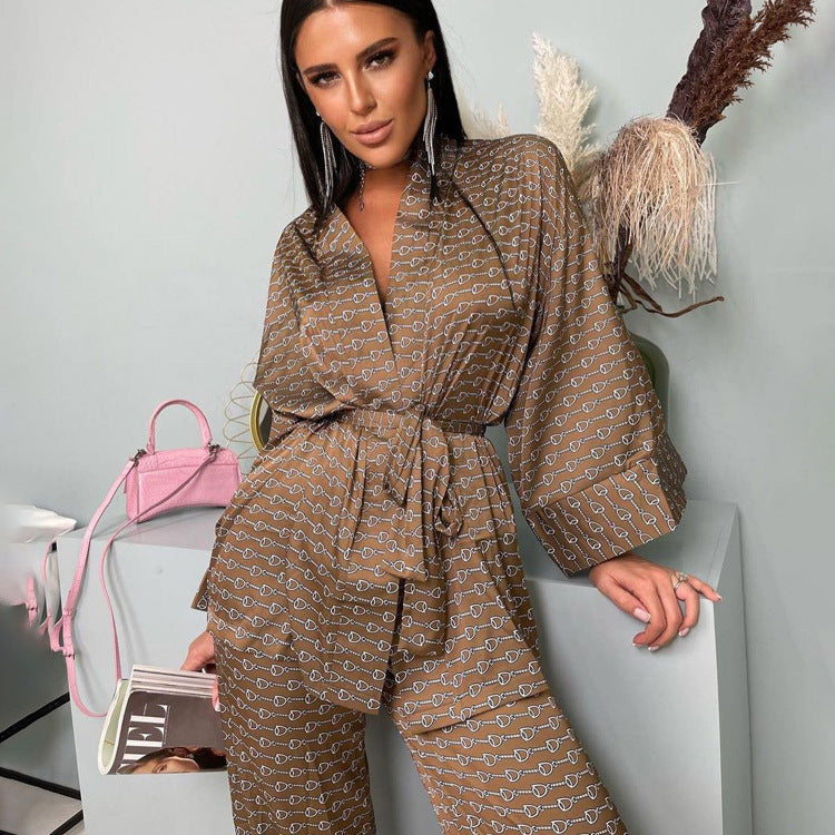 Satin Lace Printed Loose Loungewear Set S / Brown - ENCHANTE VOGUE