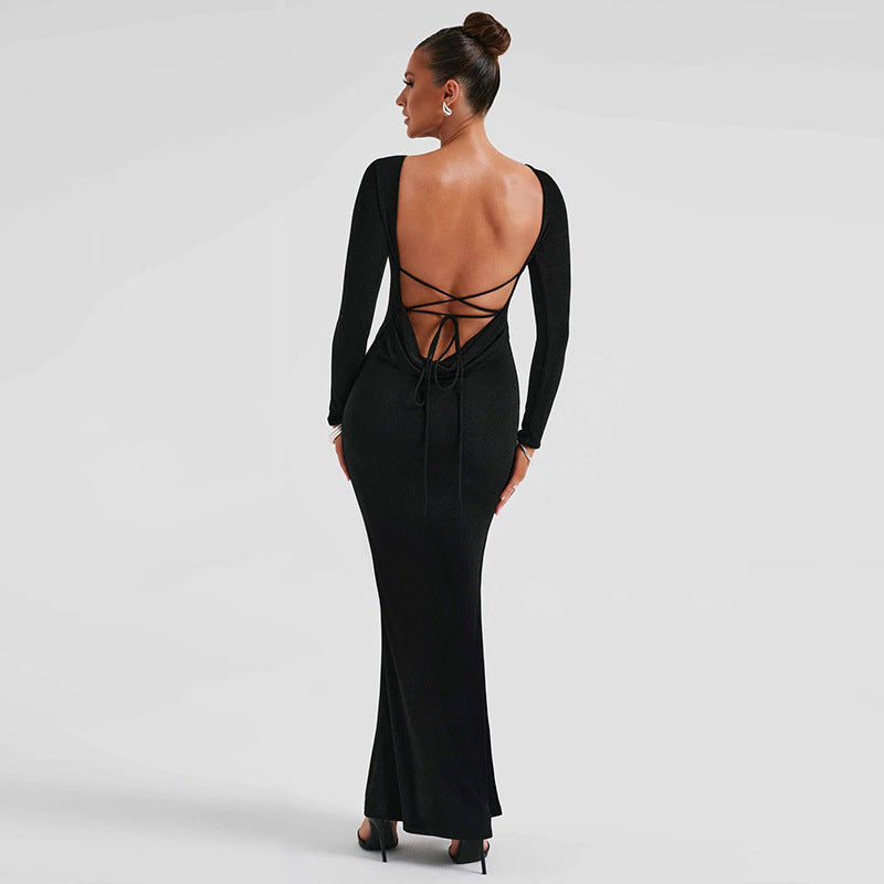 Sexy Backless Lace-Up Long Sleeve Elegant Maxi Dress S / Black - ENCHANTE VOGUE