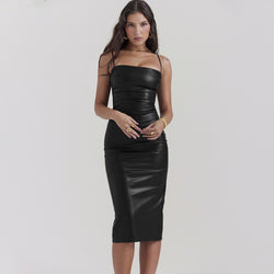 Sexy Faux Leather Cami Slim Fit Midi Dress XS / Black - ENCHANTE VOGUE