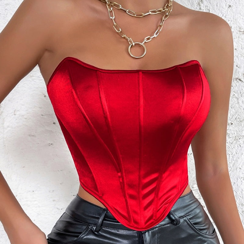 Glossy Diamond Cropped Backless Boning Corset Vest Top XS / Black - ENCHANTE VOGUE