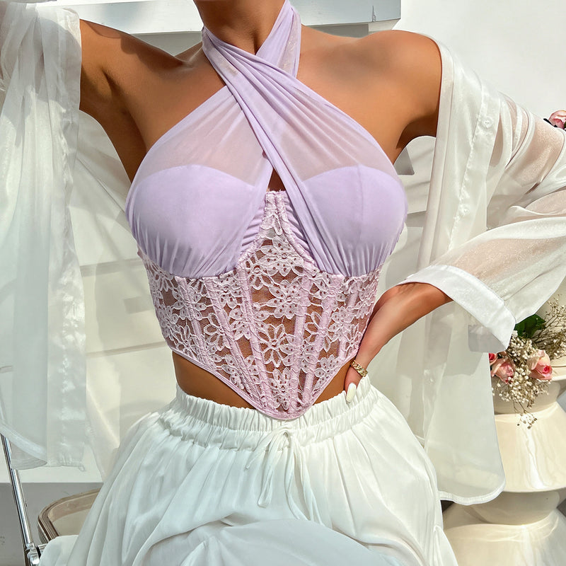 Lace Mesh Cross Halterneck Rhombus Boning Corset Top XS / White - ENCHANTE VOGUE