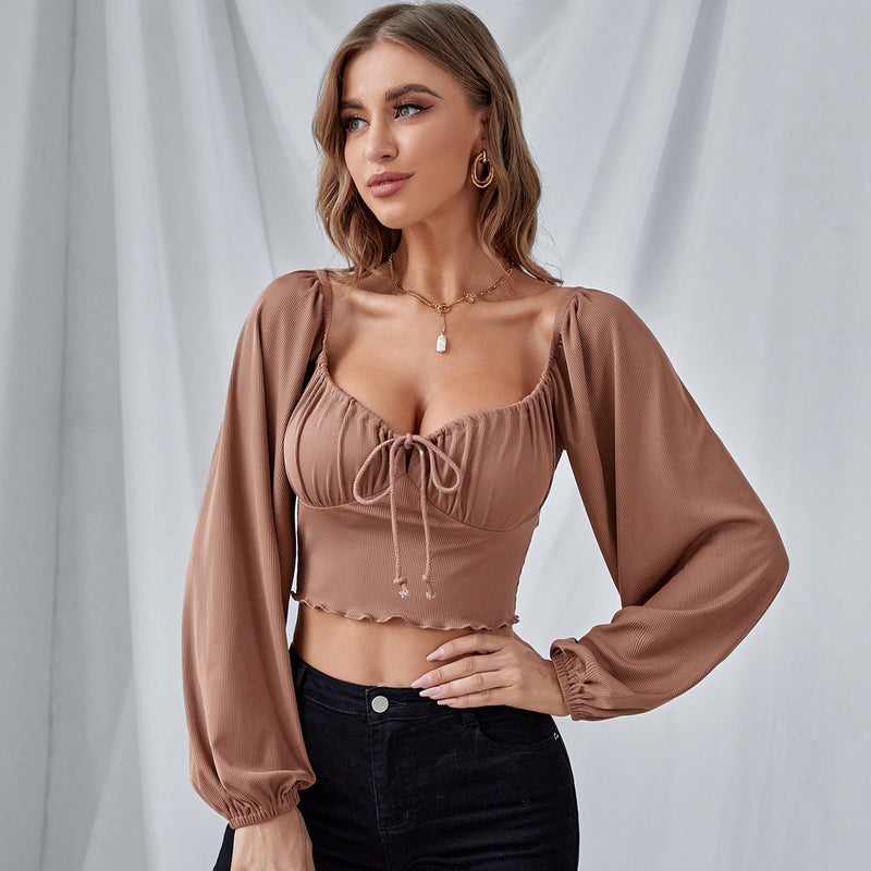 Slim-Fit Cropped Lantern Drawstring Knitted Long-Sleeved Top S / Brown - ENCHANTE VOGUE