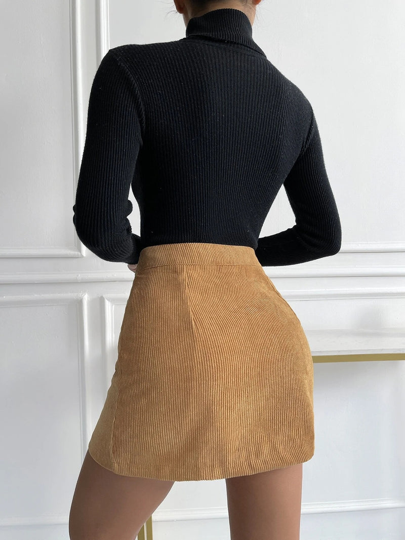 Corduroy Single Breasted Slim Fit Skirt S / Turmeric - ENCHANTE VOGUE