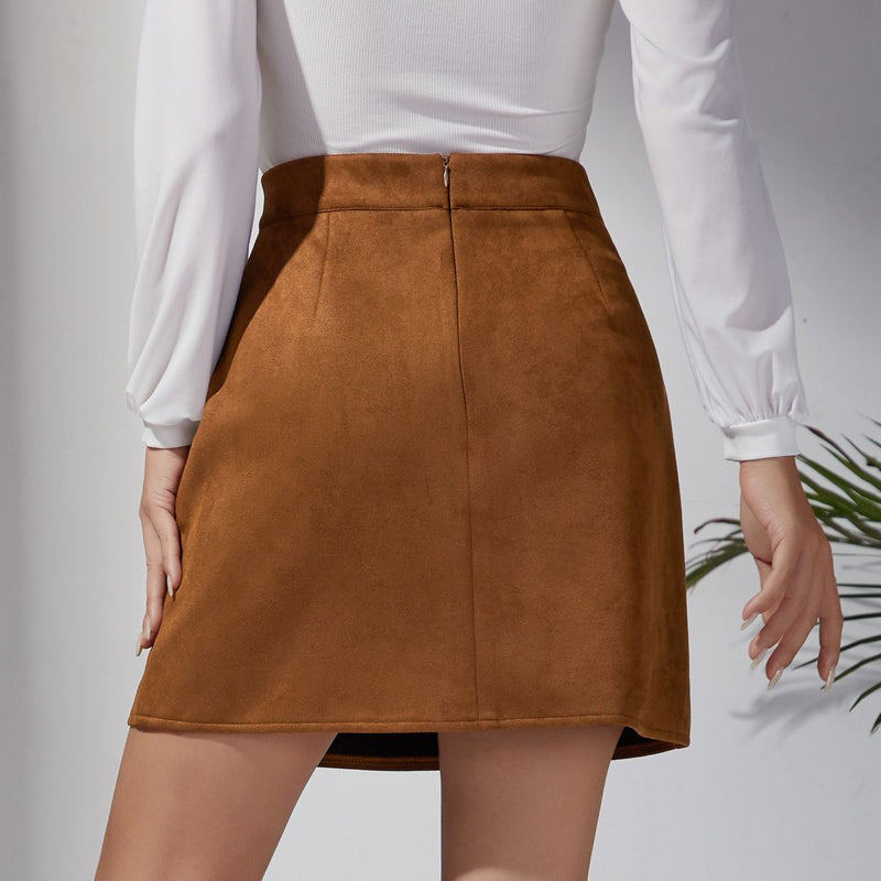 Suede High Waist Metal Buckle Hip Skirt S / Khaki - ENCHANTE VOGUE