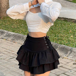 Double Layer Lace up Waist Skirt S / Black - ENCHANTE VOGUE