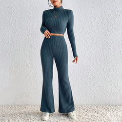 Knitted Long Sleeve Turtleneck Wide Leg Trousers Set M / Blue - ENCHANTE VOGUE