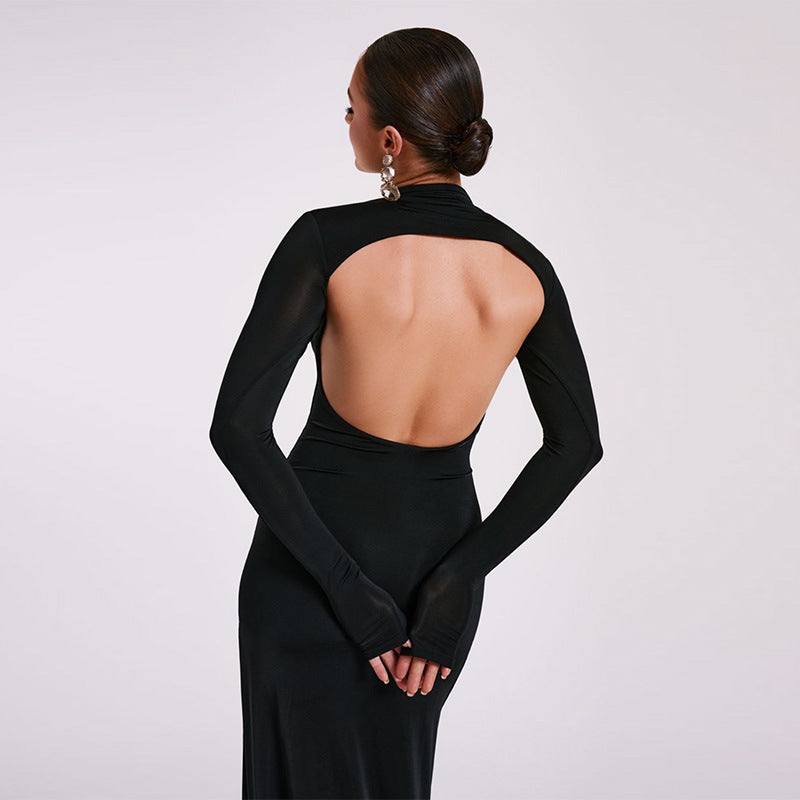 Long Sleeve High Neck Backless Slit Maxi Dress S / Black - ENCHANTE VOGUE