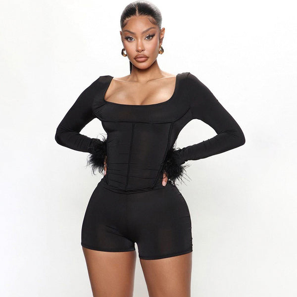 Furry Stitching Waist Square Collar Romper S / Black - ENCHANTE VOGUE